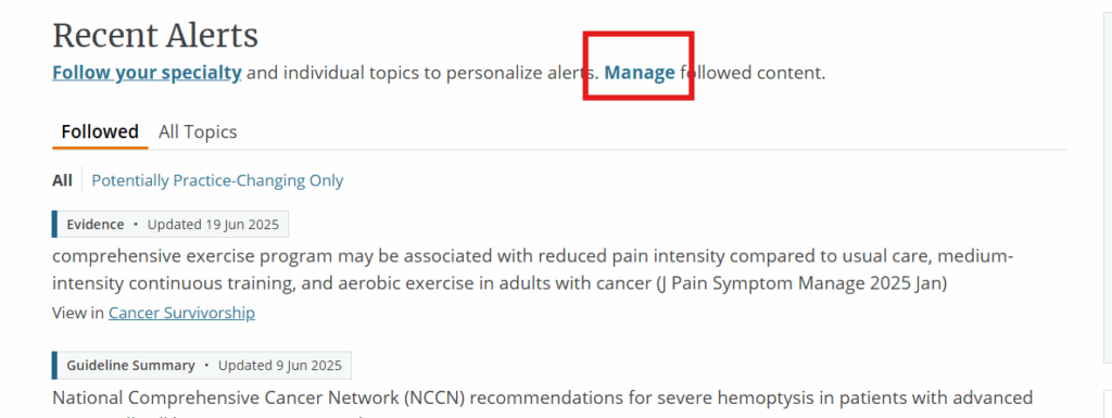 Followed alerts in DynaMed showing the Manage option